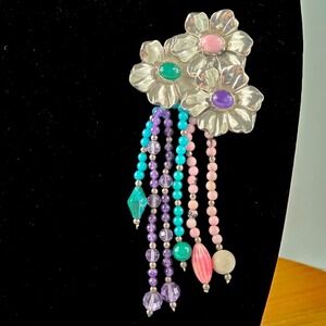 Tulla Booth Flowers Cabachons Dangle Stone Brooch Sterling Silver Pin‎ Vintage